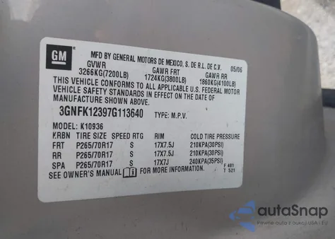 2007 Chevrolet Avalanche K1500 from USA, damaged, VIN 3GNFK12397G113640